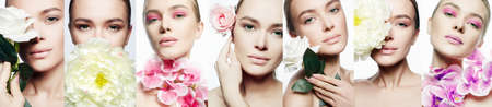 Beauty collage. Beautiful young Woman with Make-up and Flower. Girl with flowers. Clean Skin Face,...