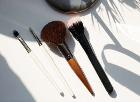 Make-up Brushes set over white background. Various Professional makeup brush in sunlight. Make up artist toolsの写真素材