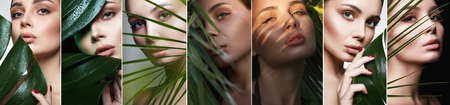 Beauty collage of brunette girls in palm leaves. Beautiful young woman with Make-up. Natural...