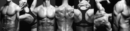 bodybuilding collage. sport female back. beautiful fitness woman and man bodiesの写真素材