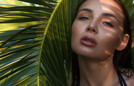 beautiful summer girl in sunset. young sexy woman in bikini under palm tree. Beauty portraitの写真素材