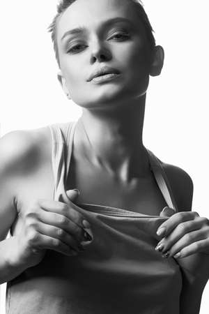beautiful woman with short hair cut. black and white portrait of beauty modelの写真素材