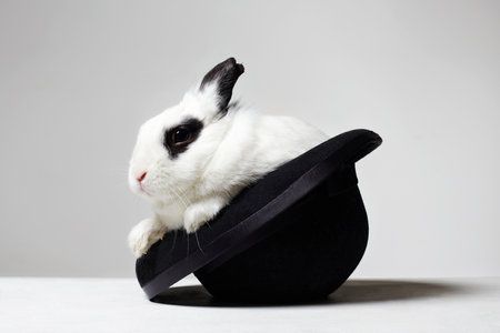 white rabbit in hat. Funny fluffy rabbit. easter bunny