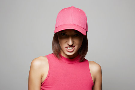 portrait of Grimace Girl in Pink clothes and Hat. Smiling young womanの写真素材