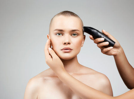 haircut of a beautiful girl. pretty woman cutting hair with hairclipper. beauty salonの写真素材