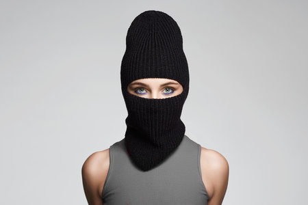 beautiful girl in black balaclava. Trendy Mask on pretty womanの写真素材