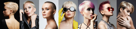 collage of beautiful women. beauty girls with short haircut and make-up. female facesの写真素材