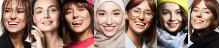 Collage of Happy young women. Beautiful smiling girls. Happinessの写真素材