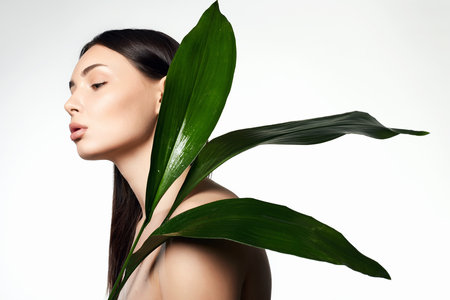beautiful girl with palm leaves. Beautiful young woman with make-up. beauty portrait. natural cosmeticsの写真素材