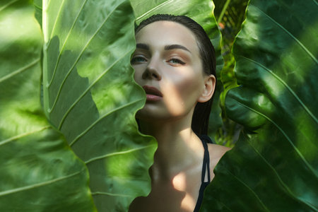 beautiful summer girl. young woman in bikini under palm tree. Beauty Portraitの写真素材