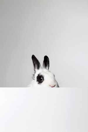 white rabbit with black ears and eyes. Funny fluffy rabbit. Easter bunnyの写真素材