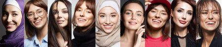 Collage of Happy young women. Beautiful smiling girls. Happinessの写真素材