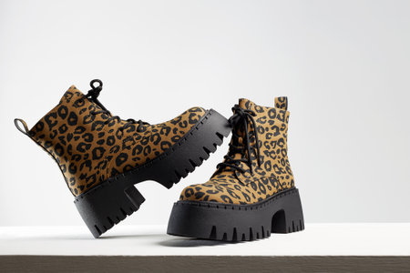Trendy leopard print shoes with high sole. fashion still life. stylish boots