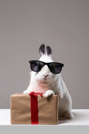 white rabbit with sunglasses and gift. Funny fluffy rabbit. Easter bunnyの写真素材