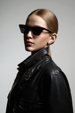 fashion portrait of Beautiful young woman in sunglasses. pretty blond girl in black glasses and leather coatの写真素材