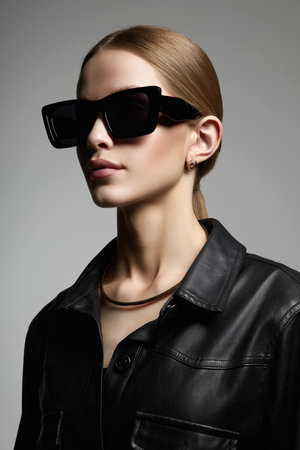 fashion portrait of Beautiful young woman in sunglasses. pretty blond girl in black glasses and leather coatの写真素材