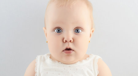 closeup portrait of baby girl. funny face child. sweet babyの写真素材