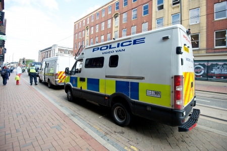 Sheffield, UK - June 8, 2013 - Police video van at English Defence League and United Against Fascism protestのeditorial素材