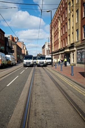 Sheffield, UK - June 8, 2013 - Police vans blocking the road at English Defence League and United Against Fascism protestのeditorial素材