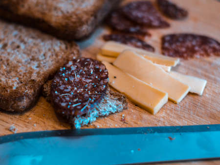 Sliced salami with seasoning, cheese and toasts on a wooden table with a knife in foregroundの写真素材