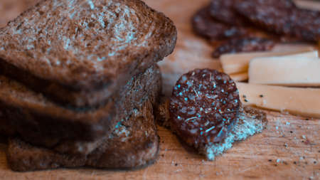 Sliced salami with seasoning, cheese and toasts on a wooden tableの写真素材