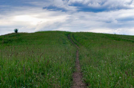 An uphill country road in tall grass in Altai Mountains, Kazakhstan, on overcast summer dayの写真素材
