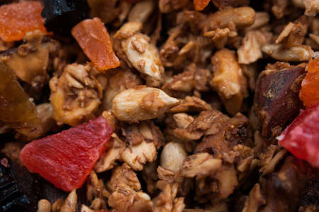 Healthy Snack, Meal. Freshly Toasted Organic Homemade Granola Cereal, Muesli Mixed With Honey, Nuts And Colorful Dry Fruits.の写真素材