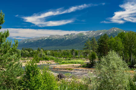 Mountain Landscape On A Sunny Summer Day.  Blue Sky, White Clouds, River Splashing, Flowing Over Rocks, Evergreens And Trees On The Banks.の写真素材