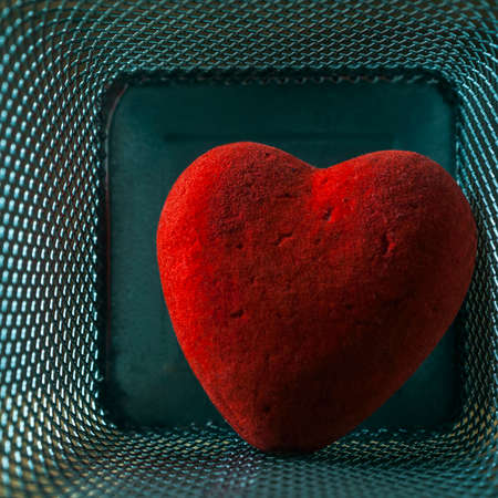 Red Wounded Velvet Heart in a Mesh Cage. Love, Home Violence, Loneliness, Freedom and Heartache Concept.の写真素材