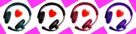 Set of Headsets, Headphones Colored In Black, Violet, Green, Indigo and Red Heart On Purple and...