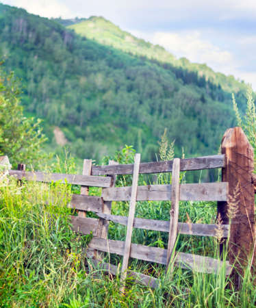 Weathered Wooden Split-Rail Fence with Supports in Tall Grass with Mountains, Blue Sky and White Clouds in Background in Early Summer Morning near Town of Ridder, Altai Mountains, Kazakhstanの写真素材