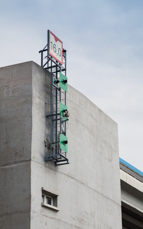 Traffic lights and vessel hight limitation sign. Saint Petersburg Flood Prevention Facility Complex. Entrance to the Neva Bay Traffic lights and vessel hight limitation sign. Saint Petersburg Flood Prevention Facility Complex. Entrance to the Neva Bay