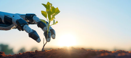 A robotic hand against the background of a blue sky and a bright sun, plants a green plant in the ground. Dawn, morning, nature and technology. Generative AIの素材
