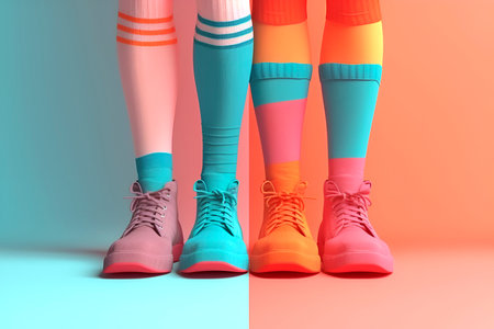 Creative trend, legs in colorful sneakers and socks in pop art style, bright color background with copy space. Generated AIの素材