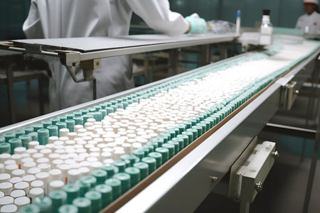 drug factory workshop, free packaging for vaccines, pills, medical drugs. production concept. AI generatedの素材
