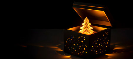Christmas tree in a gift box glows on a dark background with copy space. generated AI.の素材