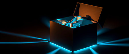 A mysterious gift box on a dark background glows in the dark. holiday concept. generated AI.の素材