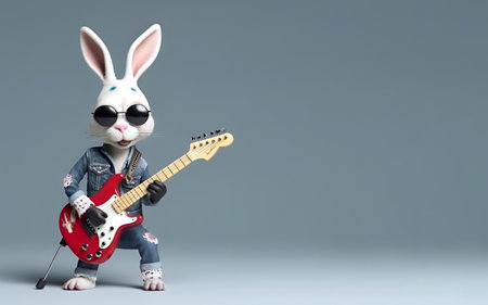 A rabbit dressed in punk rock style stands on its hind legs and plays a red guitar on a gray background. Creative design with copy space and space for text. Holiday concept. AI generatedの素材
