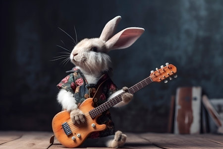 A fashionable Bunny dressed in a punk rock style stands on its hind legs and plays the guitar. creative design. Holiday concept. AI generatedの素材