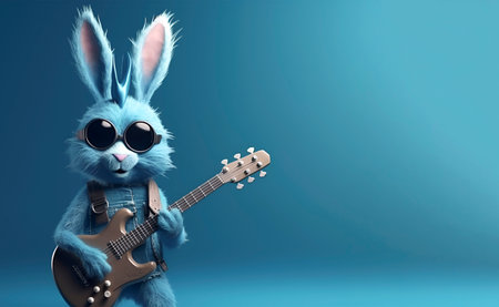 A blue rabbit dressed in a punk rock style stands on its hind legs and plays the guitar on a blue background. Creative design with copy space and space for text. Holiday concept. AI generatedの素材