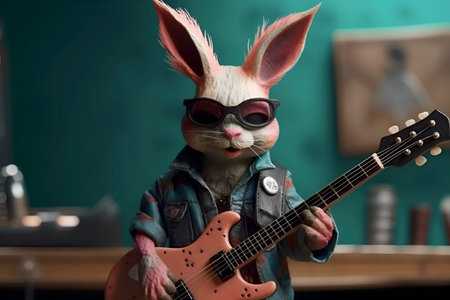 A fashionable rabbit dressed in punk rock style stands on its hind legs and plays the guitar, the background is blurred. creative design. Holiday concept. AI generatedの素材