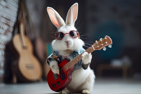 A white, fluffy rabbit dressed in punk rock style stands on its hind legs and plays the guitar. creative design. Holiday concept. AI generatedの素材
