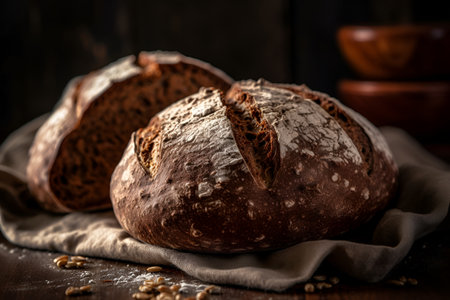 Homemade whole grain bread on a napkin on a dark background. Delicious and fresh pastries. Generated AIの素材