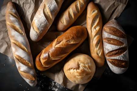Various sets of bread on a dark table. Types of white bread, loaves and baguettes. fresh baking concept. Generated AIの素材