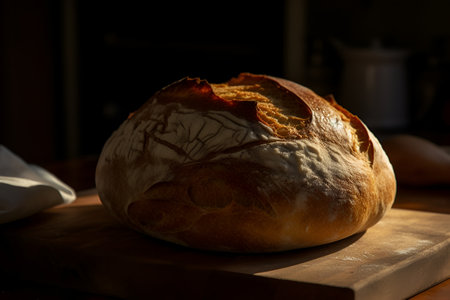 Homemade whole grain bread on a wooden board on a dark background, the sun is shining, fresh pastries. AI generatedの素材