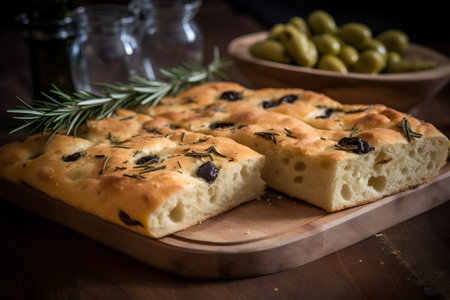 Homemade focaccia on a wooden board, traditional Italian bread. fresh bakery. generated AI.の素材