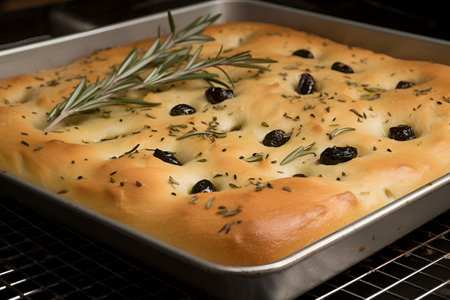 Homemade focaccia on a tray, traditional Italian bread. fresh bakery. generated AI.の素材