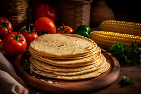 A board with a stack of delicious tortillas on a wooden table, red tomatoes and corn in the background. traditional pastries. Generated AIの素材
