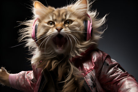 A cat looking cool and casual in headphones, a leather jacket with a hood and glasses listens to music and sings. Generated AIの素材