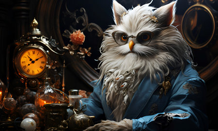 An owl dressed as a professor with glasses sits at a table. Knowledgeable, learned bird. generated AI.の素材